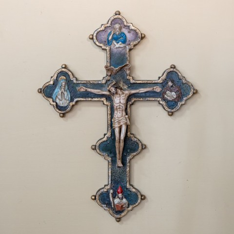 15th-Century Patinated Colored and Gold Ceramic Crucifix